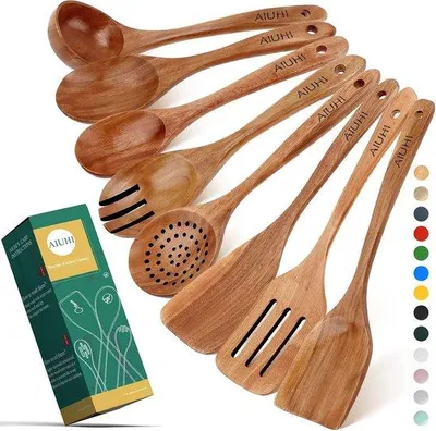 Produktbild von Famanu Holzkochlöffel Set 8-teilig - langlebiges Teakholz Küchenutensilien