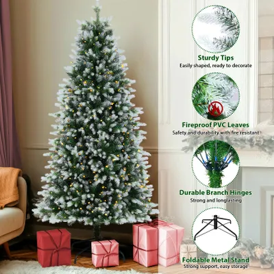 Image de sapin de Noël artificiel de 183cm avec éclairage et neige blanche, sapin LED pour décoration de Noël avec de vraies pommes de pin, résistant au feu