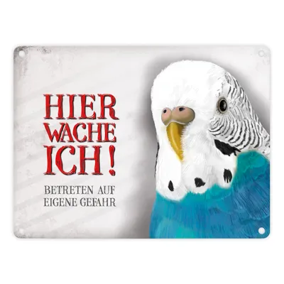 Produktbild von Metallschild mit Wellensittich Motiv und Spruch: Betreten auf eigene Gefahr ...