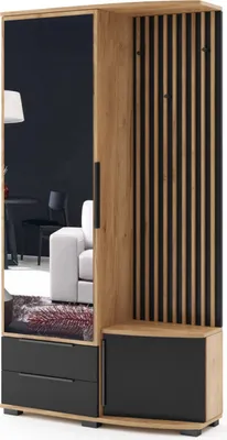 A hallway unit with a mirror and storage.