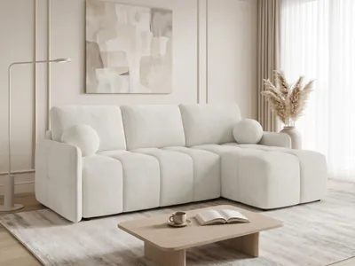 Produktbild von Ecksofa Nubo mit Schlaffunktion und Bettkasten - Bouclé-Stoff - L-Form Couch, Polstersofa, Schlafsofa, Sofagarnitur, Bettsofa (Weiß (Coral 70))