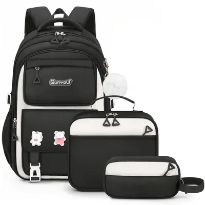Productafbeelding van Schoolrugzakset voor meisjes, 3e tot 7e klas, zwart, 23 liter, waterdicht, robuust, 3-delig