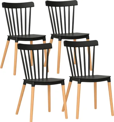Image de HOMCOM Lot de 4 chaises de salle à manger, chaises de cuisine, style scandinave, dossier haut, assise en polypropylène, pieds en hêtre, pour salon, chambre, cuisine, bureau, noir
