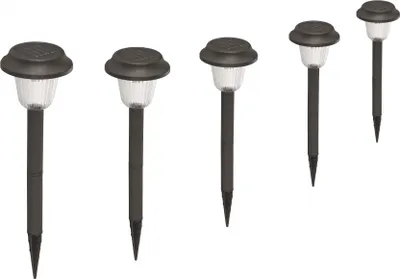 Five solar-powered garden lights are arranged diagonally on a white background.