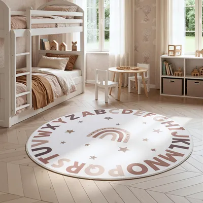 Obrázek produktu pro Homebyhome D?tský koberec abeceda vzd?lávací koberec kulatý do d?tského pokoje barva krémová u?ení a hraní Velikost: 160 cm kulatý
