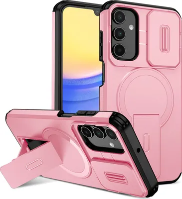 Obrázek produktu pro Magnetické pouzdro pro Samsung Galaxy A15 5G/4G, dvouvrstvé odolné pouzdro s posuvnou ochranou fotoaparátu a nastavitelným stojánkem Růžová
