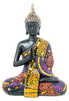 Buddhafigur mit Mosaikkleid, Kunstharz, 11x16x22 cm