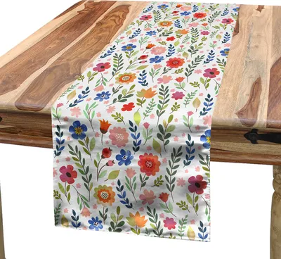 Produktbild von ABAKUHAUS Blumen Tischläufer, Zusammensetzung der Blumen mit Gedeihen Natur Illustration Petal und Laub Blatt, 40 x 180 cm, Mehrfarbig