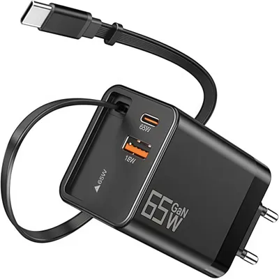 Produktbild von 65W GaN Schnellladegerät Kompatibel, 3-Port USB C Netzteil mit Integriertem Einziehbarem Kabel, für MacBook iPhone Samsung Huawei Xiaomi etc