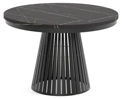 Produktbild von MEBLINI Esstisch Rund Ausziehbar aus Metall - 120-196x76cm - CONEY - Schwarz Marmor/Schwarz Matt - Loft - Esszimmertisch Modern - Küchentisch - Ausziehtisch - Round Dining Table
