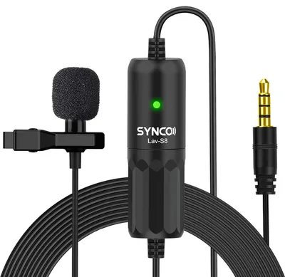 A professional studio shot of a SYNCO Lav-S8 lavalier microphone set against a white background.