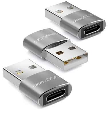 Produktbild von deleyCON USB C Adapter, 3 Stück, C Buchse auf A Stecker - Silber