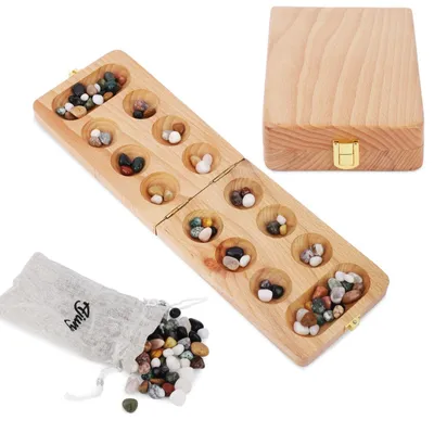 Productafbeelding van Houten Mancala Bordspel – Draagbaar met 48+32 Multicolor Stenen