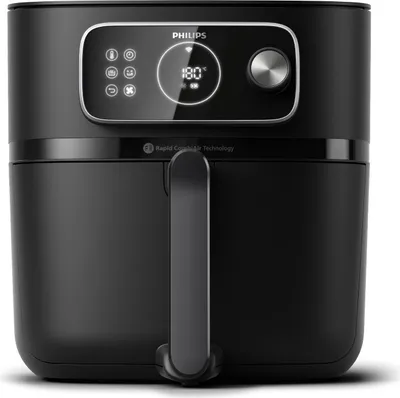 Front view of a black Philips air fryer on a white background.