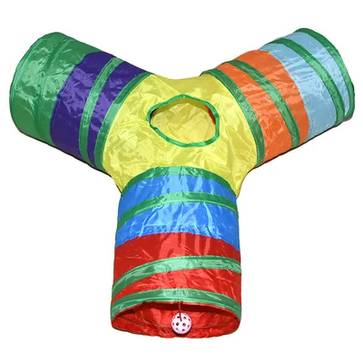 Produktbild von Katzentunnel, zusammenklappbarer Schlauch mit 1 Spielball, Katzenspielzeug, 3-Wege-Katzentunnel für Indoor-KatzenRegenbogen
