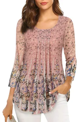 Immagine prodotto di VALOLIA - Top da donna a maniche 3/4, stile tunica, casual, vestibilità ampia, con motivo floreale, in rete plissettata