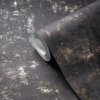 Zdjęcie produktu dla Tapeta wełniana z imitacją betonu i wysokim połyskiem w kolorze czarnym i złotym, rozmiar: 10,05 m x 0,53 m (5,33 m²), TA-296395115