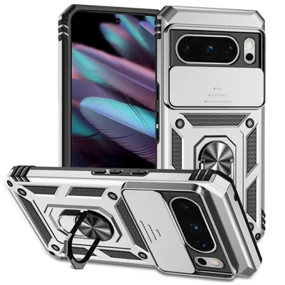 Immagine prodotto di Custodia per Google Pixel 8 Pro a doppio strato con copertura scorrevole della fotocamera e supporto ad anello Argento