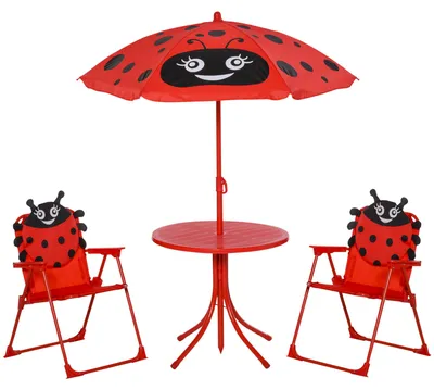 Produktbild von Kindergarten-Tisch- und Stuhlset, klappbares Picknickset mit h?henverstellbarem Sonnenschirm (100šC125 cm), rotes Marienk?fer-Design