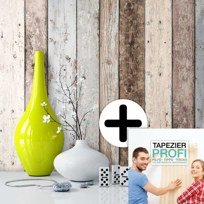 Produktbild von NEWROOM Tapete Tavara Hellblau Beige Vliestapete - Landhaus Holzbalken Holz Germany