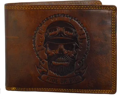 Produktbild von flevado Herren Biker Börse Geldbörse Totenkopf mit Aufschrift RFID Schutz Querformat (braun)