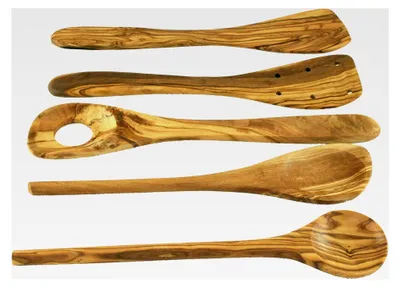 Produktbild von Küchenset aus Olivenholz, 5-teilig - Pfannenwender, Kochlöffel, Risottolöffel