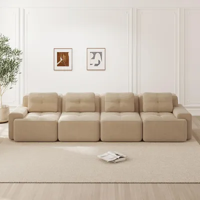 Produktbild von MODFU 4-Sitzer Modulares Sofa Cord mit Schlaffunktion,Big Sofa mit Geschwungene Rückenlehne,ohne Ottoman,Schlafsofa,Beige