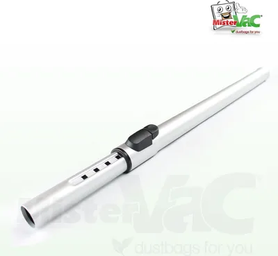 A silver telescopic vacuum cleaner tube with a black control button, set against a white background.