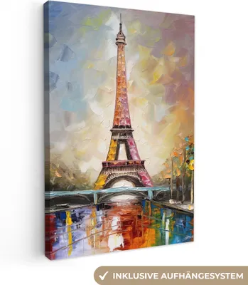 Produktbild von MuchoWow® - Leinwandbilder - Eiffelturm - Ölgemälde - Paris, Wandbild, Wanddeko Bilder Wohnzimmer, 80x120cm