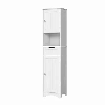 A tall, narrow white cabinet with multiple storage compartments.