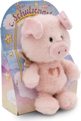A plush toy pig with wings, sitting in its packaging.