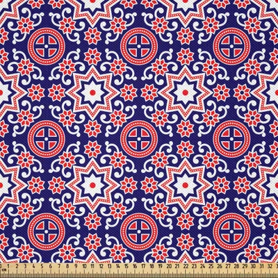 Produktbild von ABAKUHAUS Orient Satin Stoff als Meterware, Marokkanisches Muster mit nahöstlichen orientalischen Effekten altmodisches Design, 1 M (148 x 100 cm), Indigo Rot Weiß