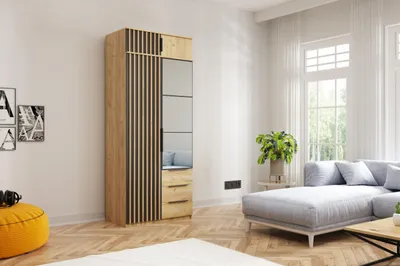 Produktbild von Sorento Kleiderschrank mit Aufsatzschrank, Lamellen Schwarz, Eiche Craft Gold - 100 x 61 x 245 cm