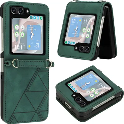 Produktbild von Hülle für Samsung Galaxy Z Flip 5 Prägung Flip Leder Kartenfächer Schutzhülle mit Ständer Grün