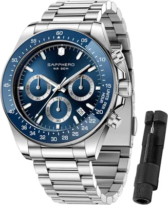 Produktbild von Herren Chronograph Uhr Analog Quarz 50M Wasserdicht mit Kalender, Edelstahlarmband, Leuchtzeiger, Business & Freizeit Armbanduhr