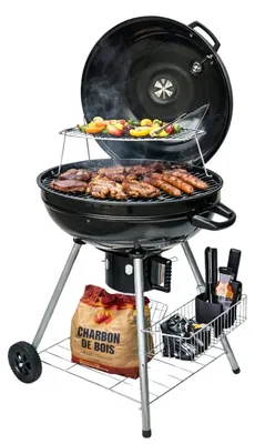 Image de Barbecue à Charbon de Bois Ø54cm Double Grille Cuisson & Couvercle Thermostat Bac à cendres, Barbecue sur roues avec rangement