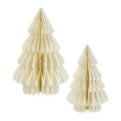 Two paper honeycomb Christmas trees, one larger and one smaller, are displayed against a white background.
