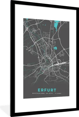 Produktbild von MuchoWow® Gerahmtes Poster Erfurt - Stadtplan - Blau - Karte - Deutschland 60x90 cm - Poster mit Schwarzem Bilderrahmen Wandposter Rahmen Foto Bilder - Dekoration - Wandposter Wohnzimmer - Hochwertig