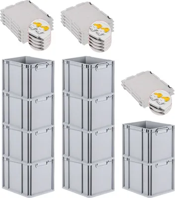 Produktbild von SuperSparSet 10x Eurobox NextGen Grip mit Scharnierdeckel und gelben Schiebeschnappverschlüssen | HxBxT 32x30x40cm | 30 Liter | Grau | Griffe geschlossen | Glatter Boden | Eurobehälter, Transportbox, Transportbehälter, Stapelbehälter