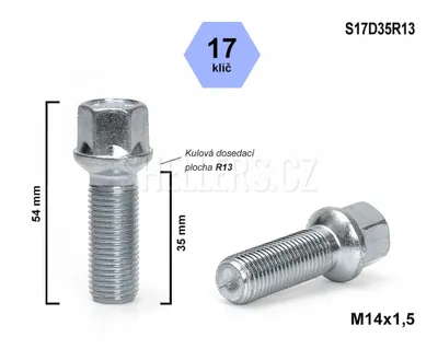 Obrázek produktu pro Kolový šroub M14x1,5x35 koule R13, klíč 17, S17D35R13, výška 54 mm