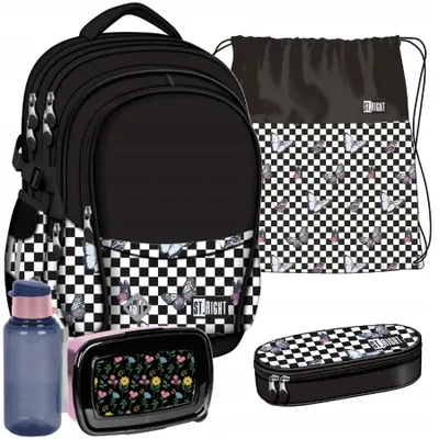 Image de Sac à dos scolaire à carreaux avec papillons St.Right - Set de 5 pièces