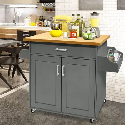 Produktbild von YZNAHRE Küchenwagen Küchenschrank mit Rollen und Arbeitsplatte 115x90x36cm Servierwagen Kücheninsel aus Holz mit Handtuchhalter und Gewürzboard Mobile Küchenschränke Kücheninselwagen, Grau