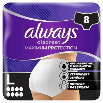 Obrázok produktu pre Balenie 8 kusov: Absorpčné nohavičky Always Discreet Maxi, veľkosť L, 8 kusov