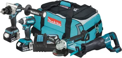 Produktbild von Makita DLX4157TX1 Akku-Set 18V LXT, 4 Maschinen (DDF486 Bohrschrauber, DTD153 Schlagschrauber, DJR187 Reciprosäge, DGA504 Winkelschleifer), mit 2x 5,0Ah Akkus, Ladegerät, bürstenlos, Akkuschutz, Transporttasche, 395x295x215mm