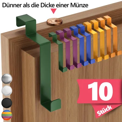 Produktbild von Lindenstein Türhaken Innenseite, 10er Set, Bunt - Edelstahl Türhaken zum Einhängen, Kleiderhaken Tür für Jacken & Handtücher, Handtuchhalter Tür Innen
