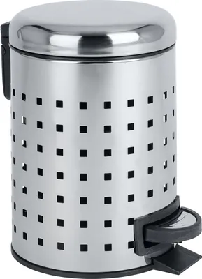 A silver stainless steel pedal bin with a perforated design and a black pedal.