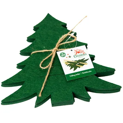 A stack of green felt Christmas tree-shaped cutlery holders tied with twine, with a product tag attached.