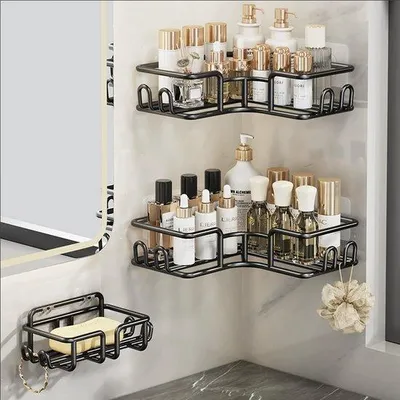 Immagine prodotto di Set da bagno angolare Unyqoos® a 3 pezzi – 2 ripiani e portasapone, senza necessità di foratura, con 5 ganci, per bagno, Acciaio al carbonio 3,7 mm