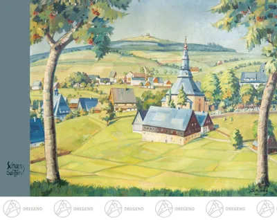 Zdjęcie produktu dla Karta artystyczna Maxa Schanza „Farben des Gebirges” (Kolory gór), Seiffener Dorf Szerokość x wysokość ok. 10,5 cm x 14,8 cm NOWA