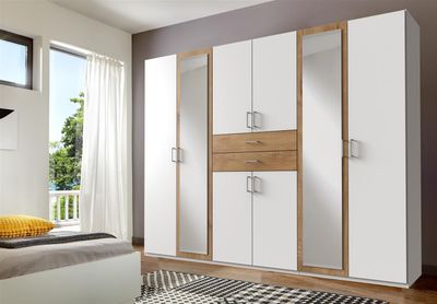Kleiderschrank Drehtürenschrank Schlafzimmerschrank Schrank Schlafen "Drugi II" Weiß/Plankeneiche